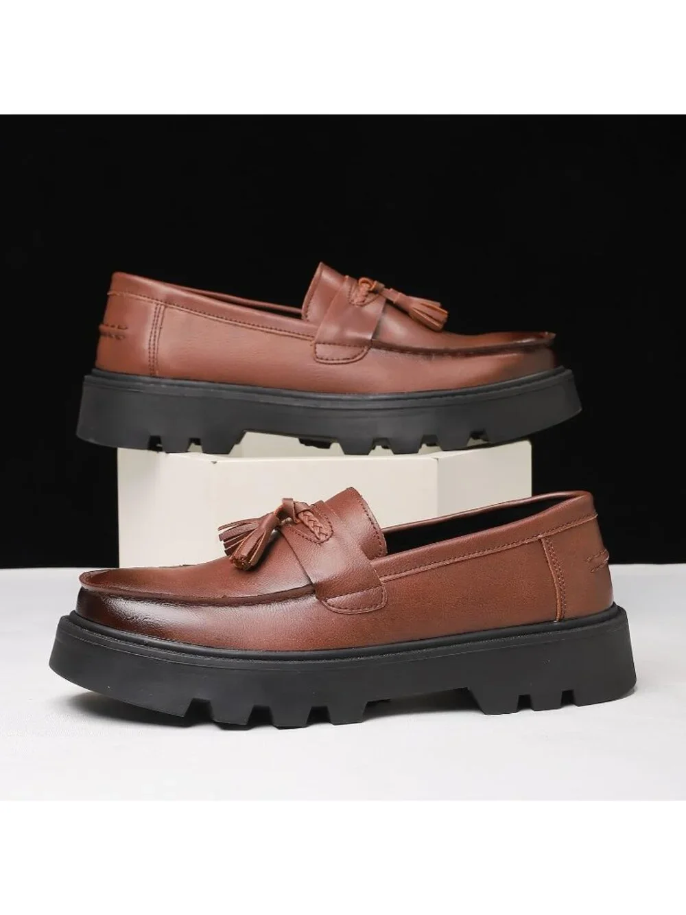 Men's Brown Patent Leather Loafers Chunky Heel Tassel Slip On Dress Shoes